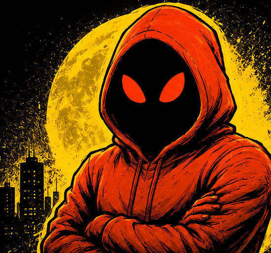 The HOOD character — a hooded figure in an orange hoodie with glowing red eyes, arms crossed, standing before a big yellow moon over a dark city skyline